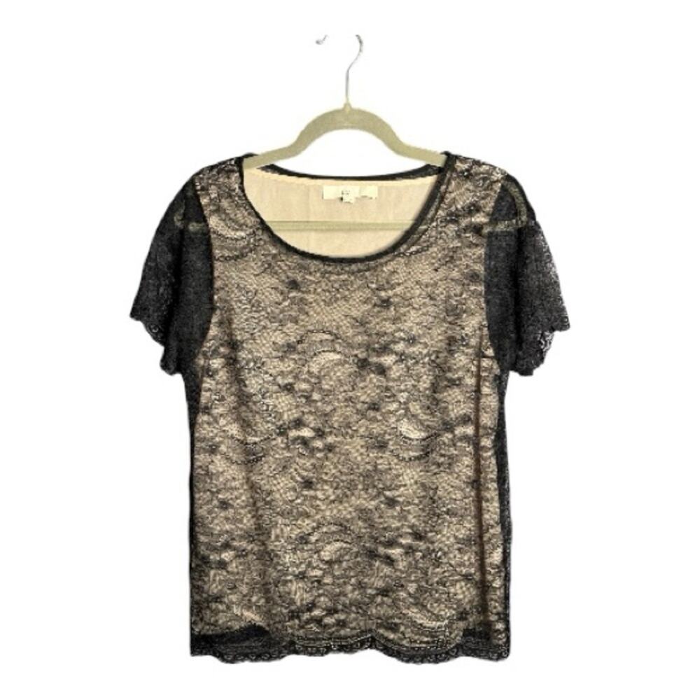 LOFT Tan Blouse Black Lace Short Sleeve Overlay Small